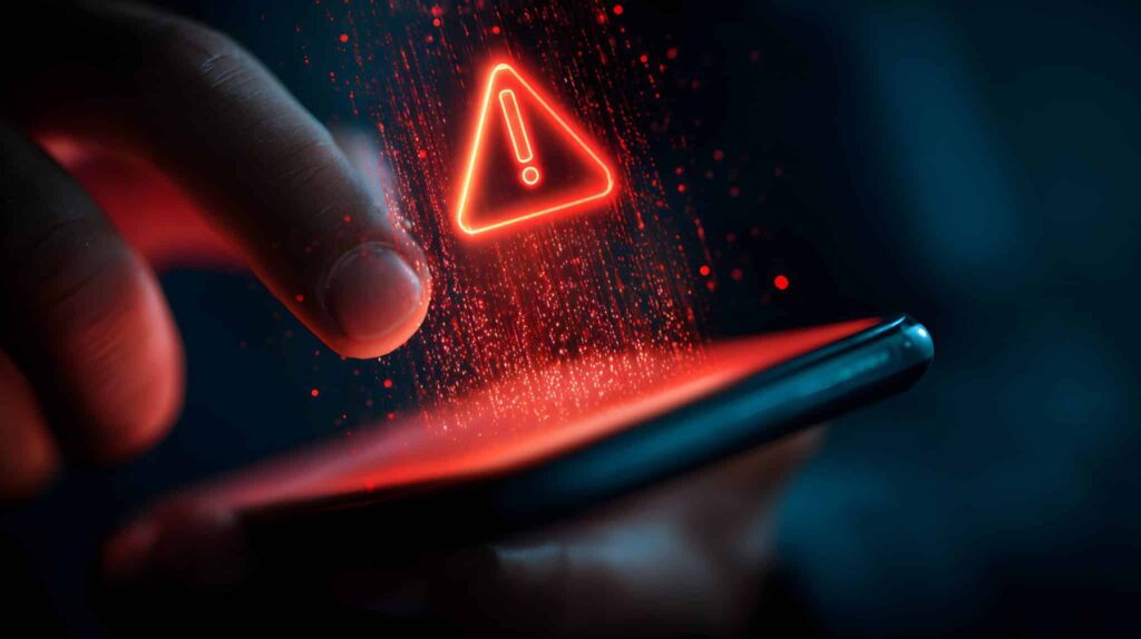 SMS spam, fake text message phishing from scammer concept, System hacked red warning alert, email hack, scam malware spreading virus on message alert virtual on mobile phone screen in person hand